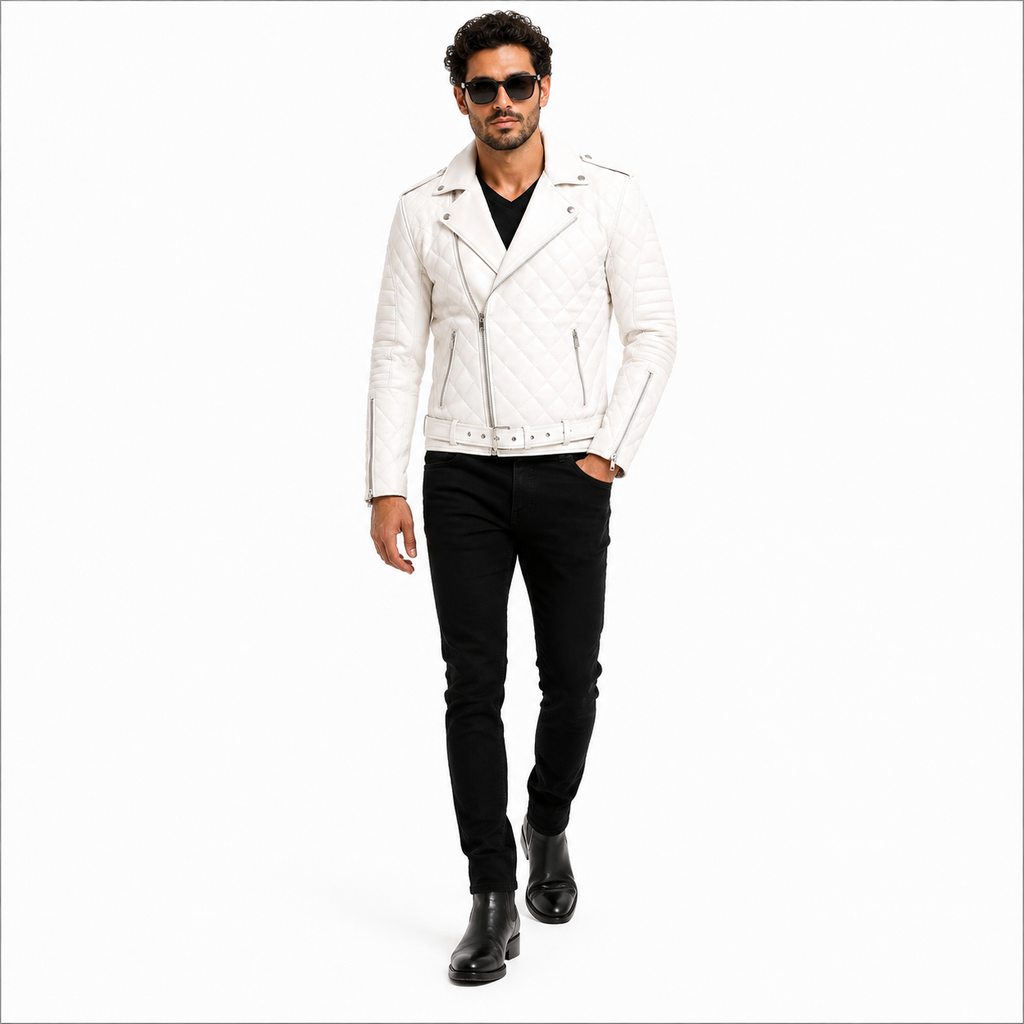 Men's Quilted White Biker Leather Jacket