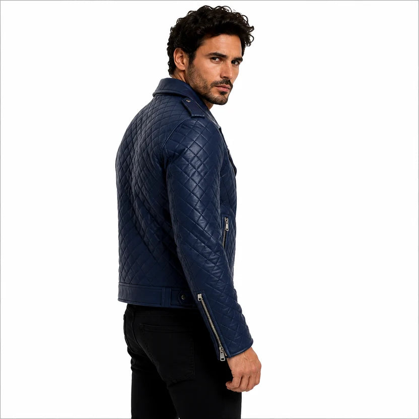 Navy Blue Quilted Leather Biker Jacket with Zipper