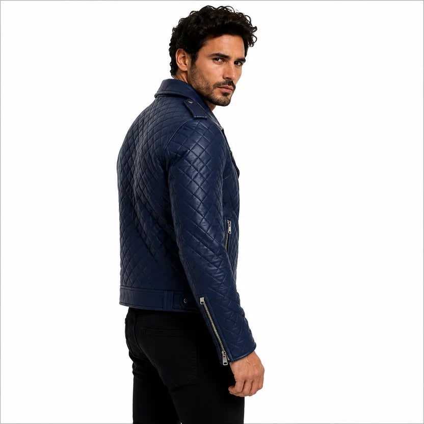 Men's White Leather Quilted Biker Jacket