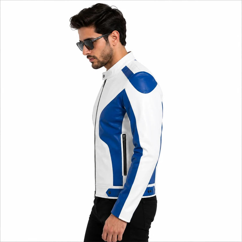 Men's White and Black Genuine Leather Biker Jacket