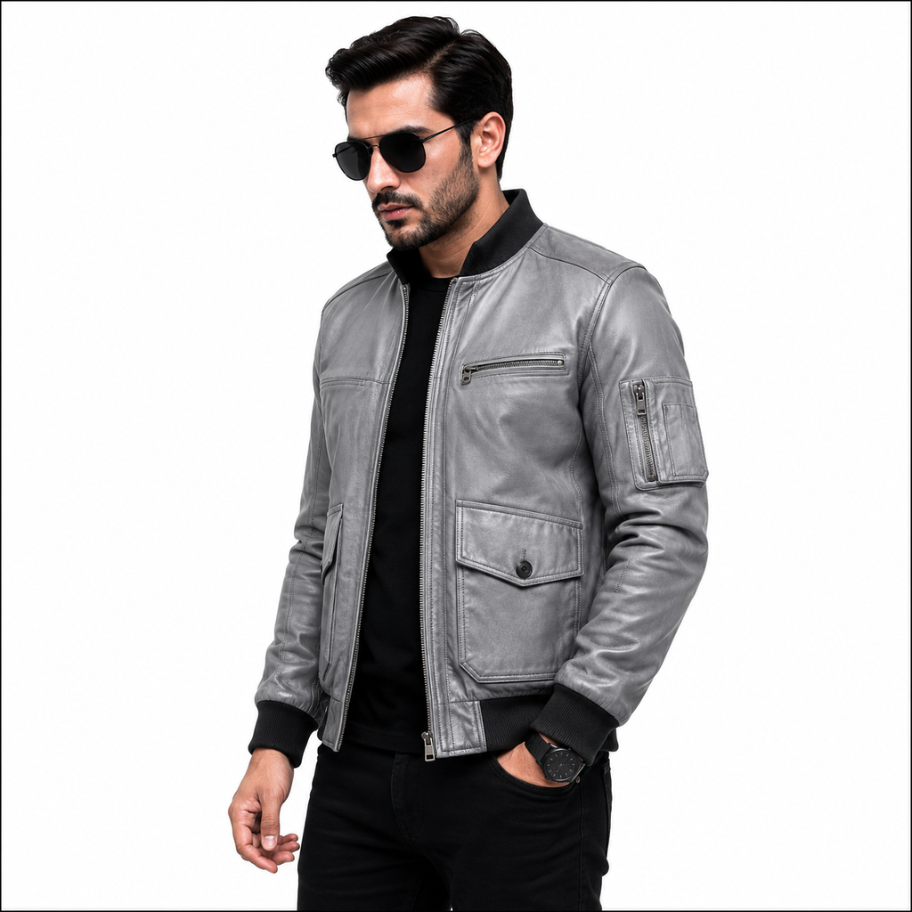Men's distressed grey leather bomber jacket