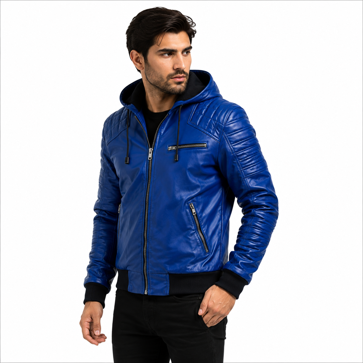 Royal Blue Leather Jacket Side Profile with Ribbed Sleeves