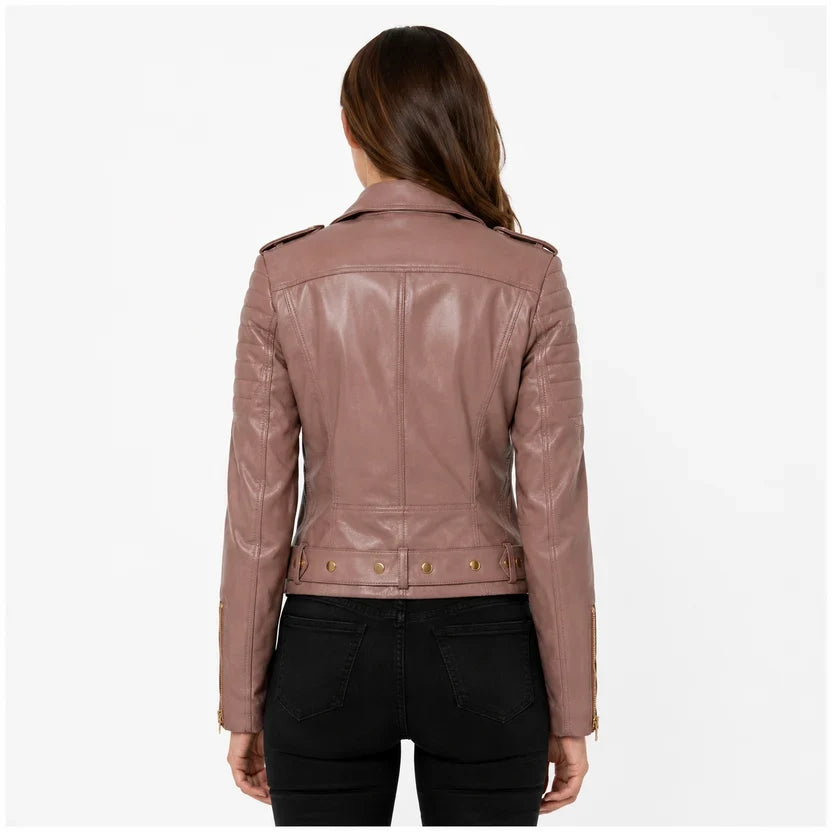 Women's Pink Genuine Leather Biker Jacket