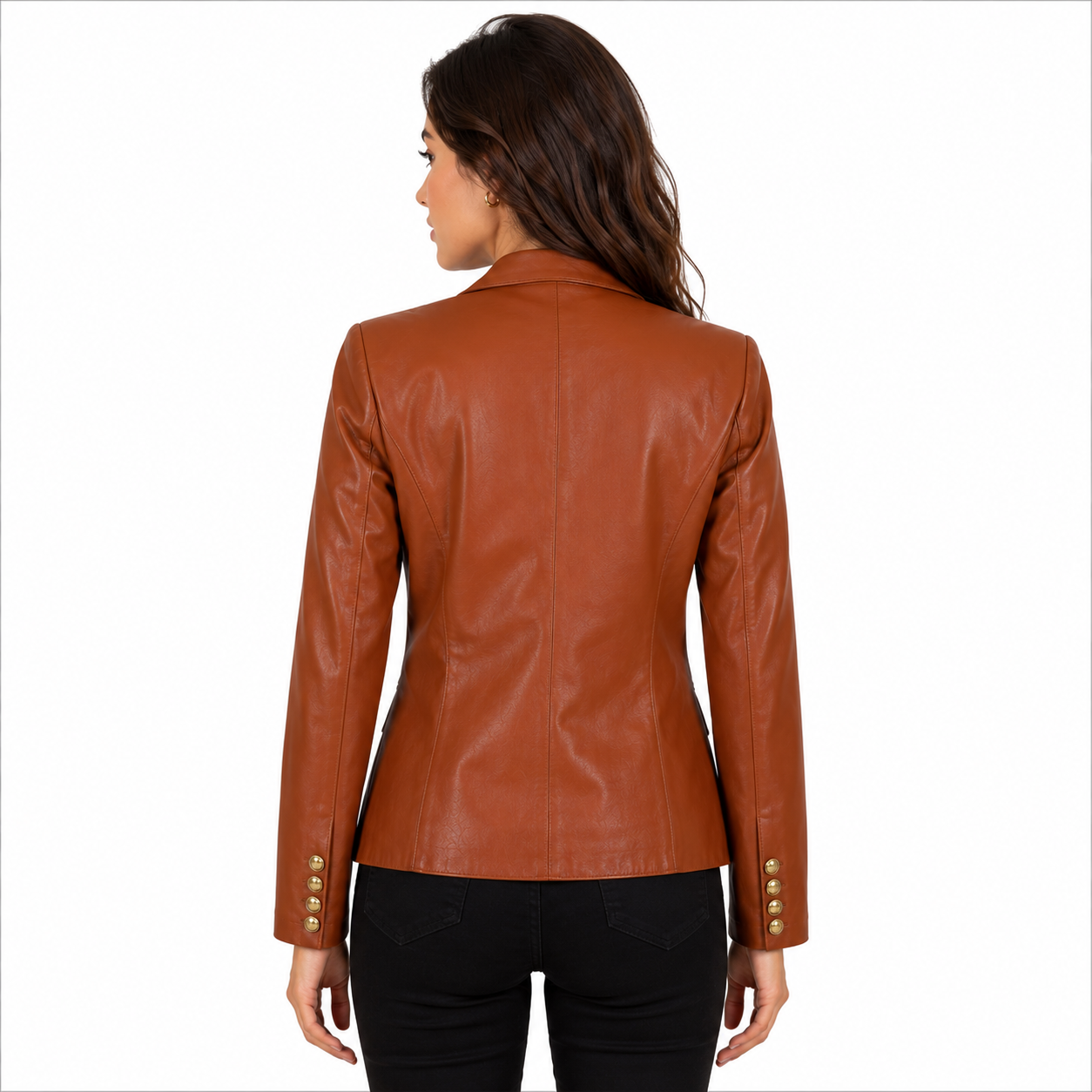 Leather Blazer with Peak Lapel 6 Gold Buttons