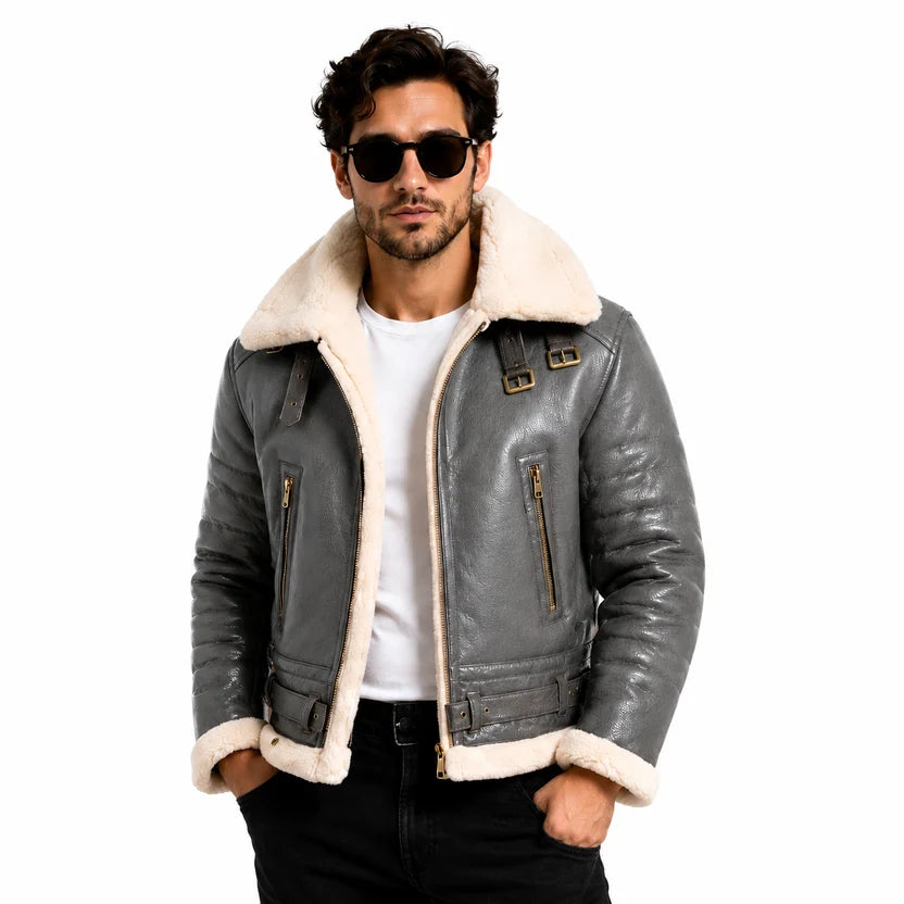 Men's Grey Shearling Bomber Jacket