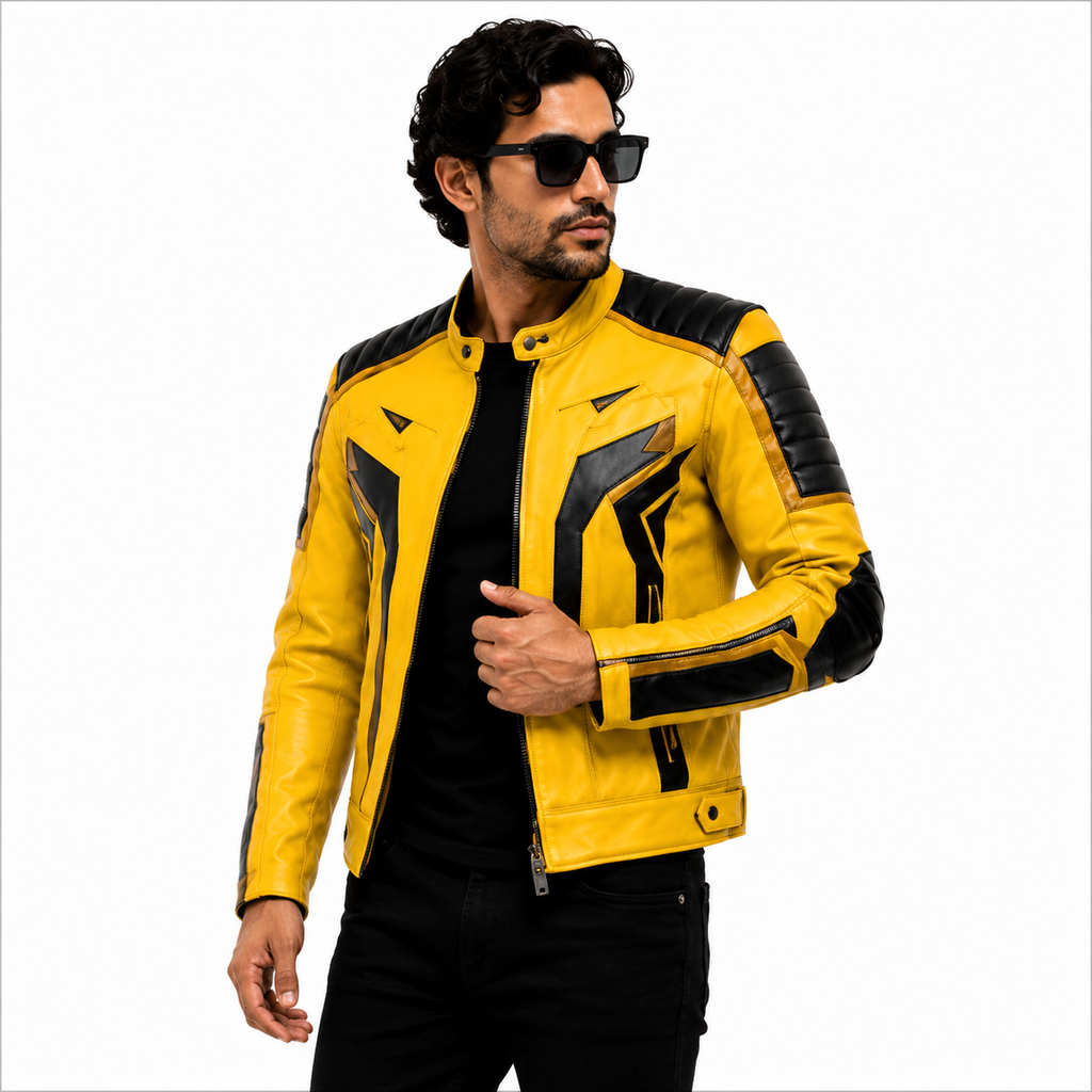 Men's Yellow & Black Racer Leather Jacket