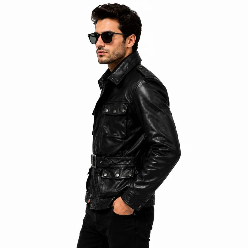 Men's Black Leather Field Jacket