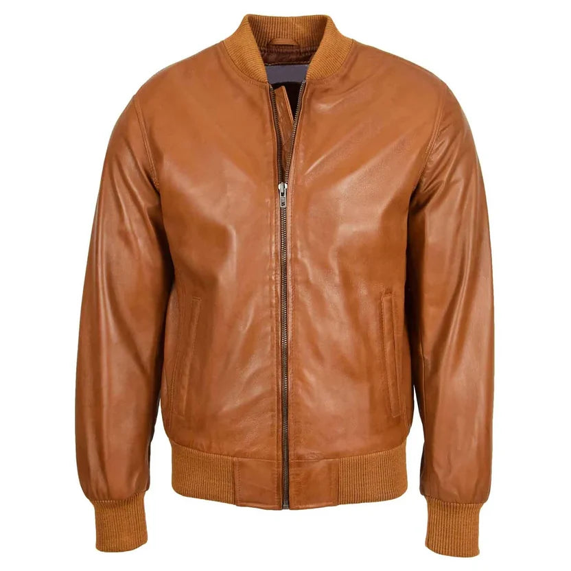 Men's Tan Genuine Leather Classic Bomber Jacket
