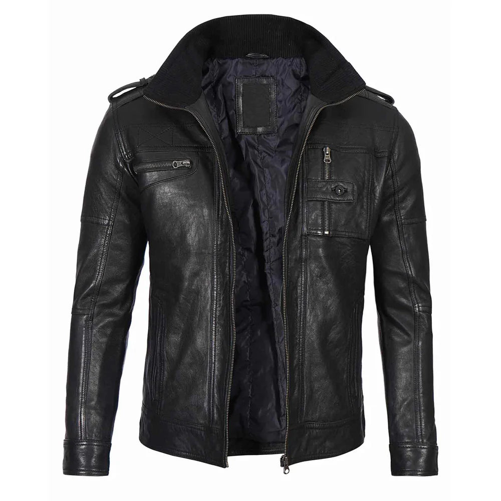 Men's Black Waxed Cafe Racer Style Lambskin Leather Jacket