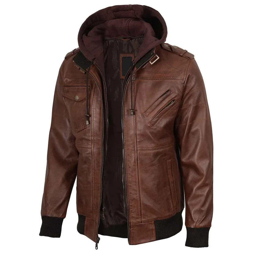 Men's Brown Leather Hooded Jacket