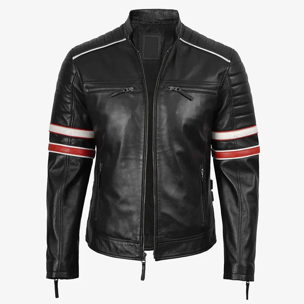 Men's Black Genuine Leather Racer Jacket with Red White Stripes