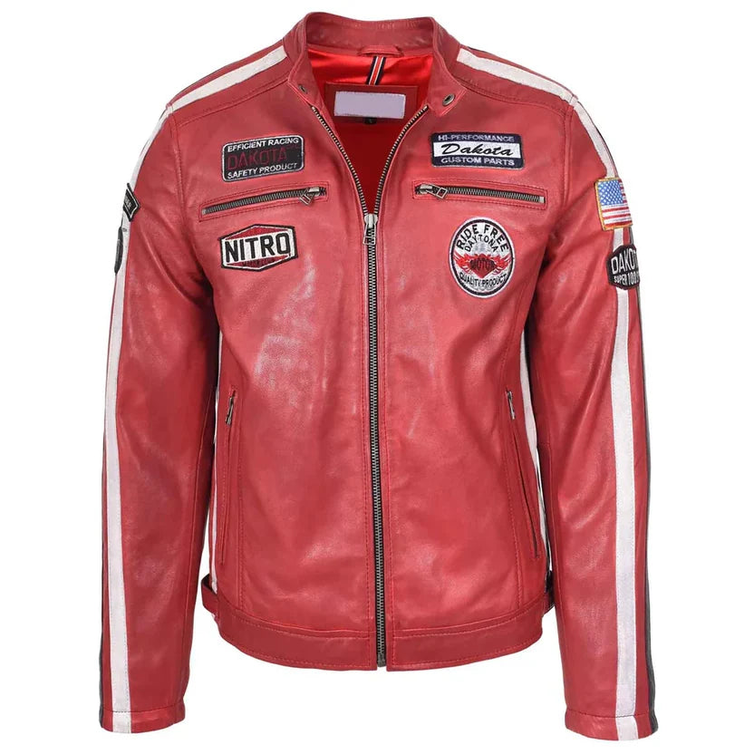 Men's Red Genuine Leather Racing Jacket