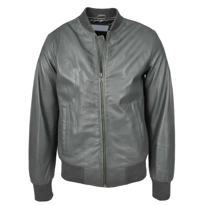Men's Grey Leather Bomber Jacket 