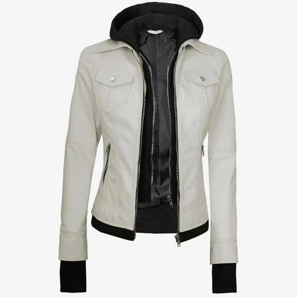 Lambskin Leather Biker Jacket Removable Hood Thumbhole