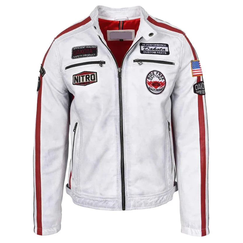 Men's White Genuine Leather Racing Jacket 