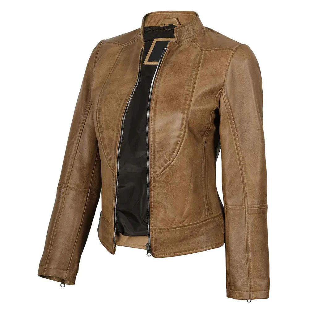 Women’s Camel Brown Leather Biker Jacket