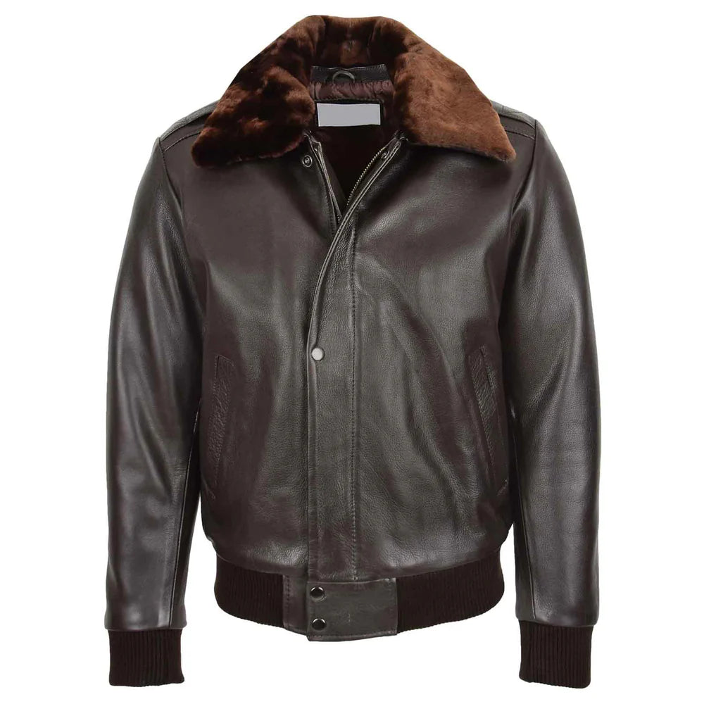 Men’s Leather Bomber Pilot Jacket with Removable Collar