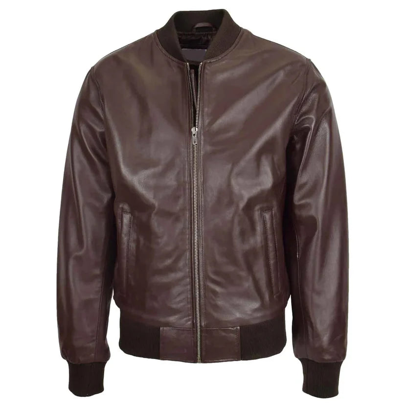 Men's Dark Brown Genuine Leather Classic Bomber Jacket