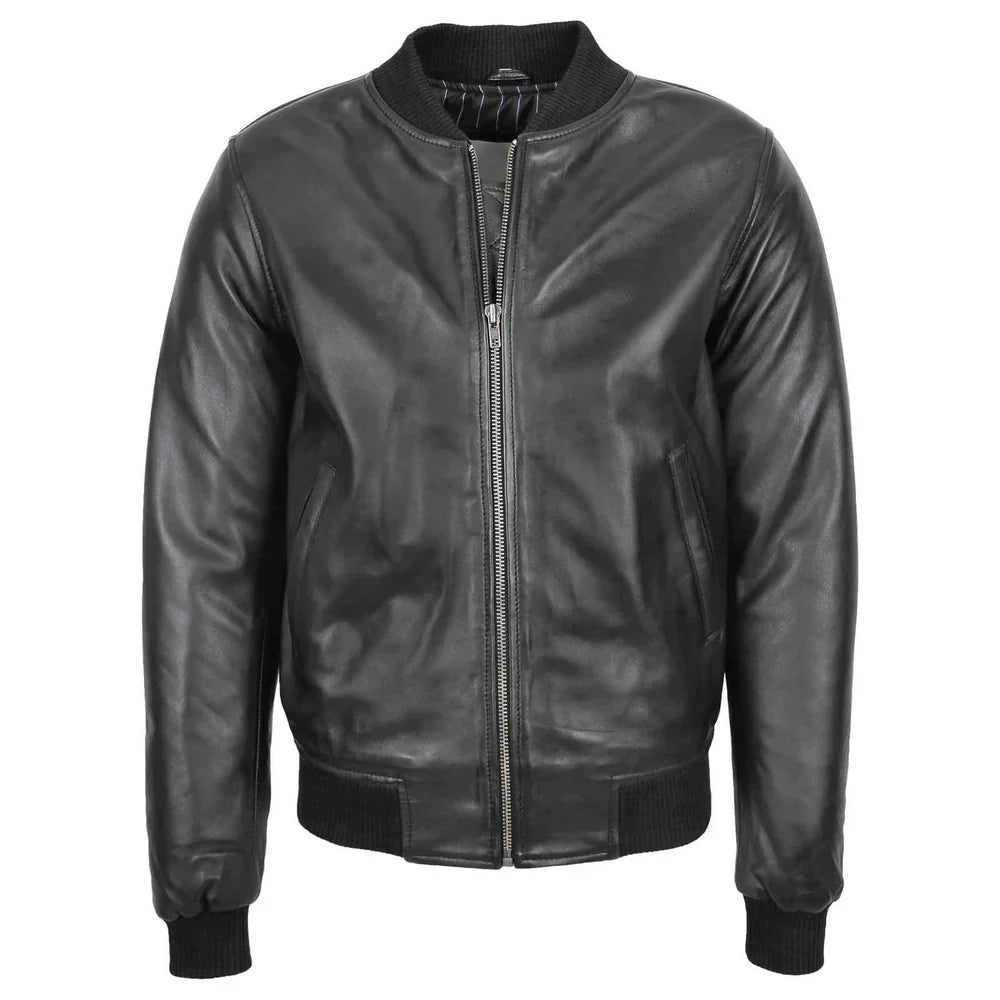 Men's Black Genuine Leather MA-1 Bomber Jacket