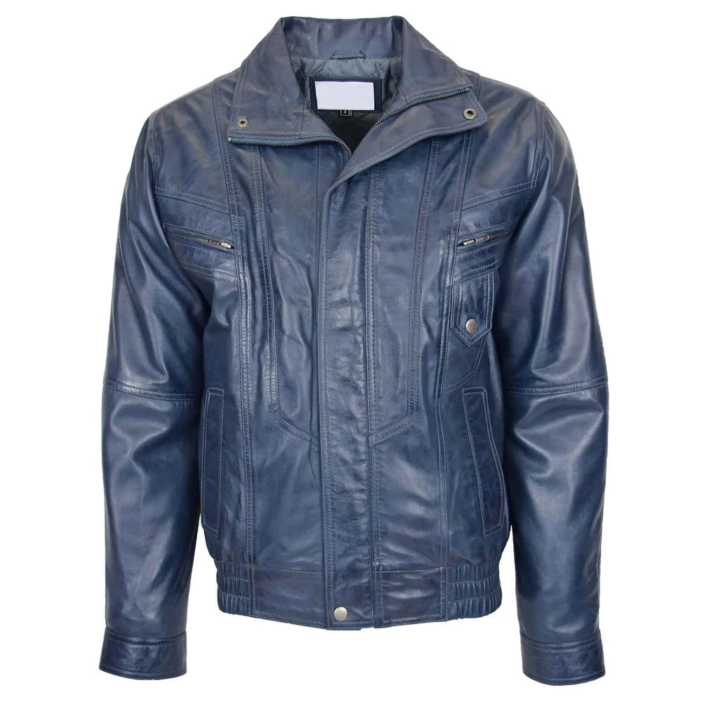 Men’s Leather Bomber Blouson Jacket – Robert Blue
