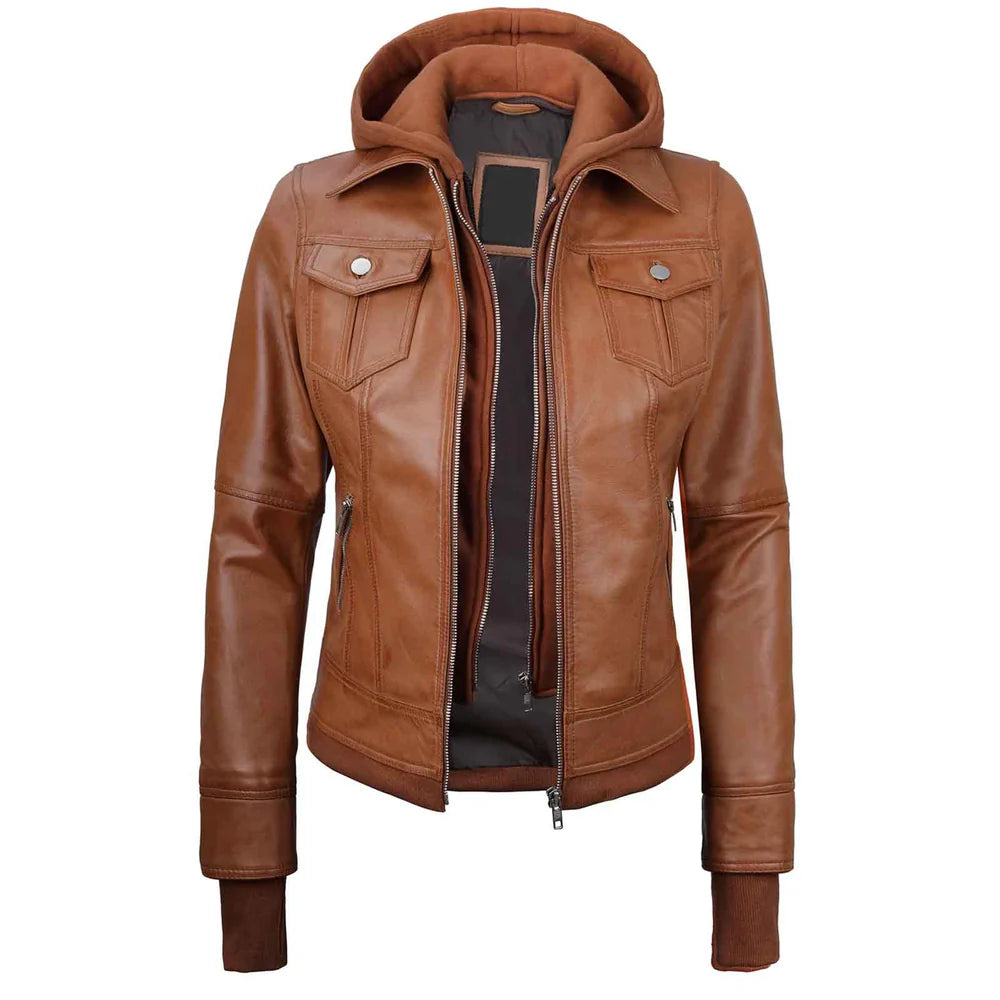 Women's Tan Brown Wax Bomber Leather Jacket