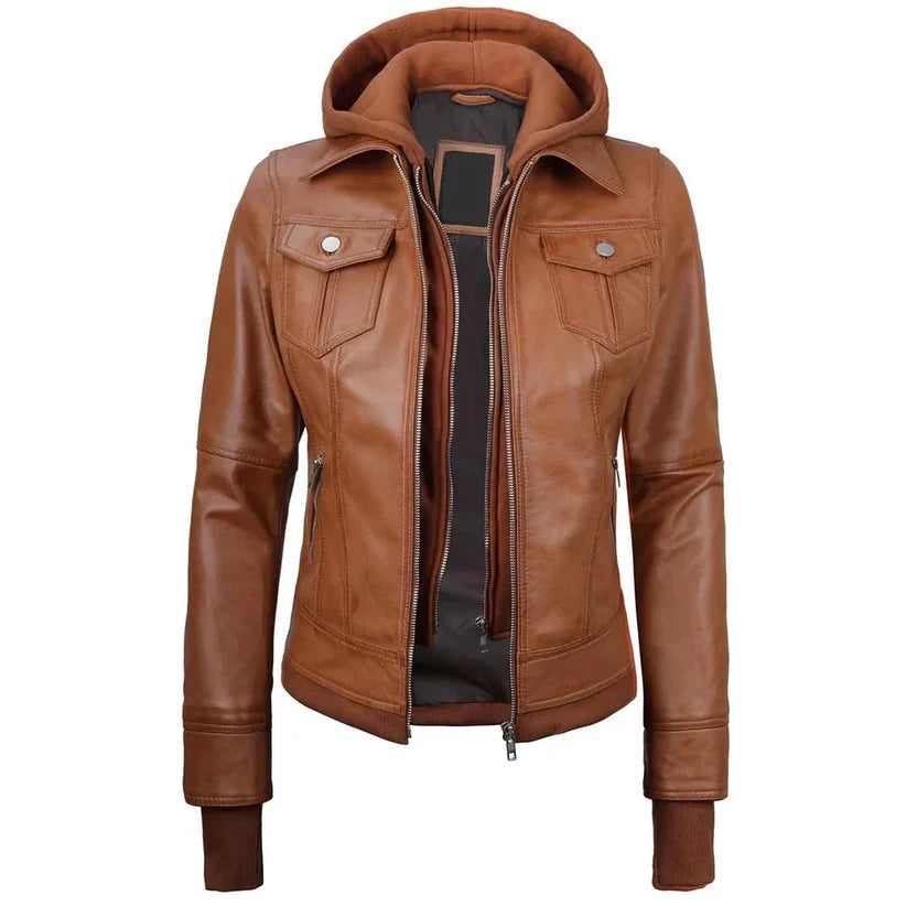 Women's Cognac Brown Hooded Cargo Leather Jacket