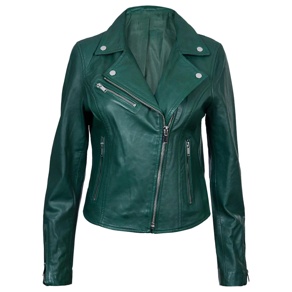 Lambskin Leather Biker Jacket For Women Slim Fit Racer Style