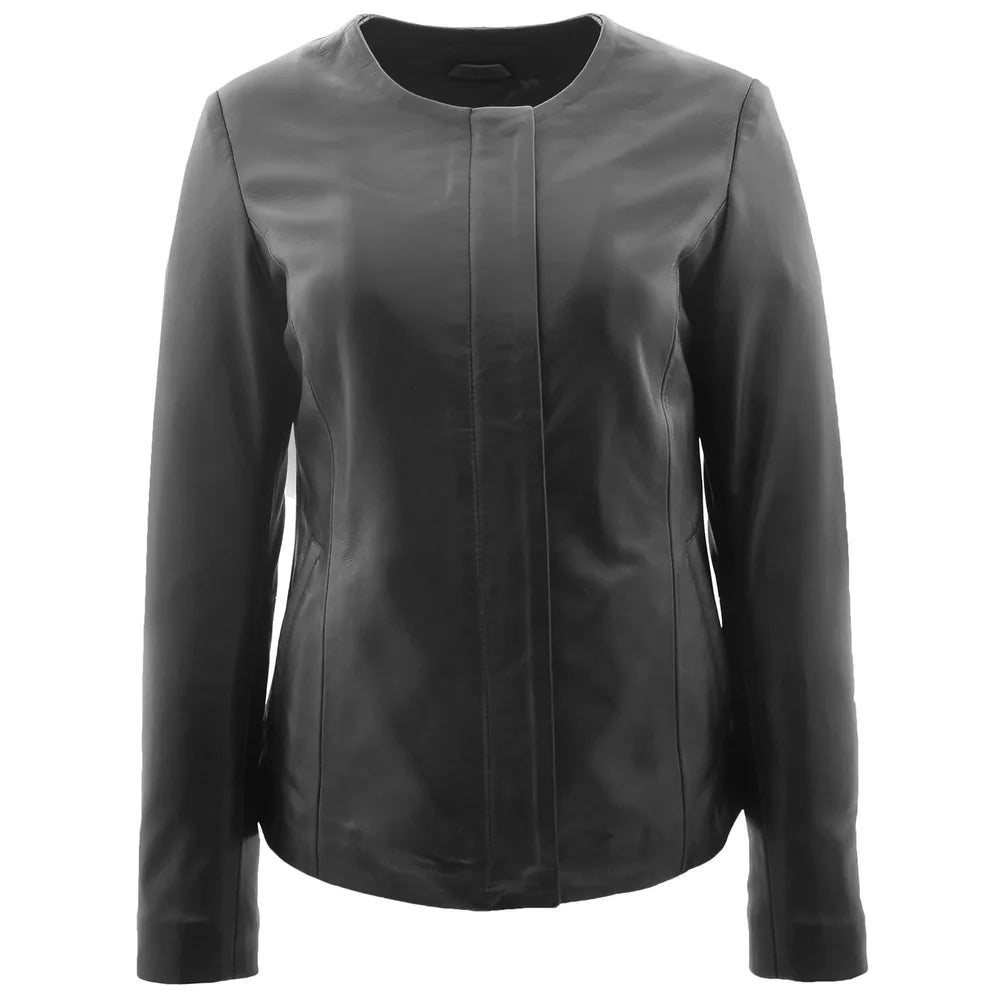 Lambskin Stylish Women's Collarless Round Neck Leather Jacket