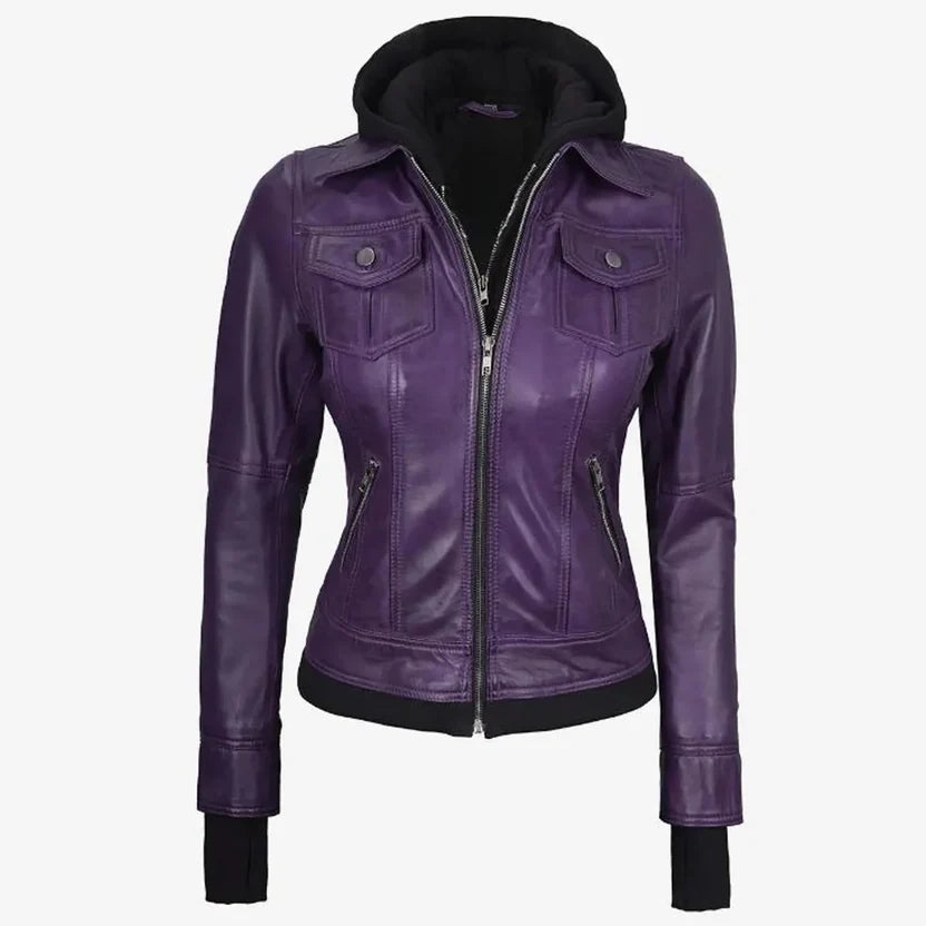 Women's Purple Hooded Cargo Leather Jacket