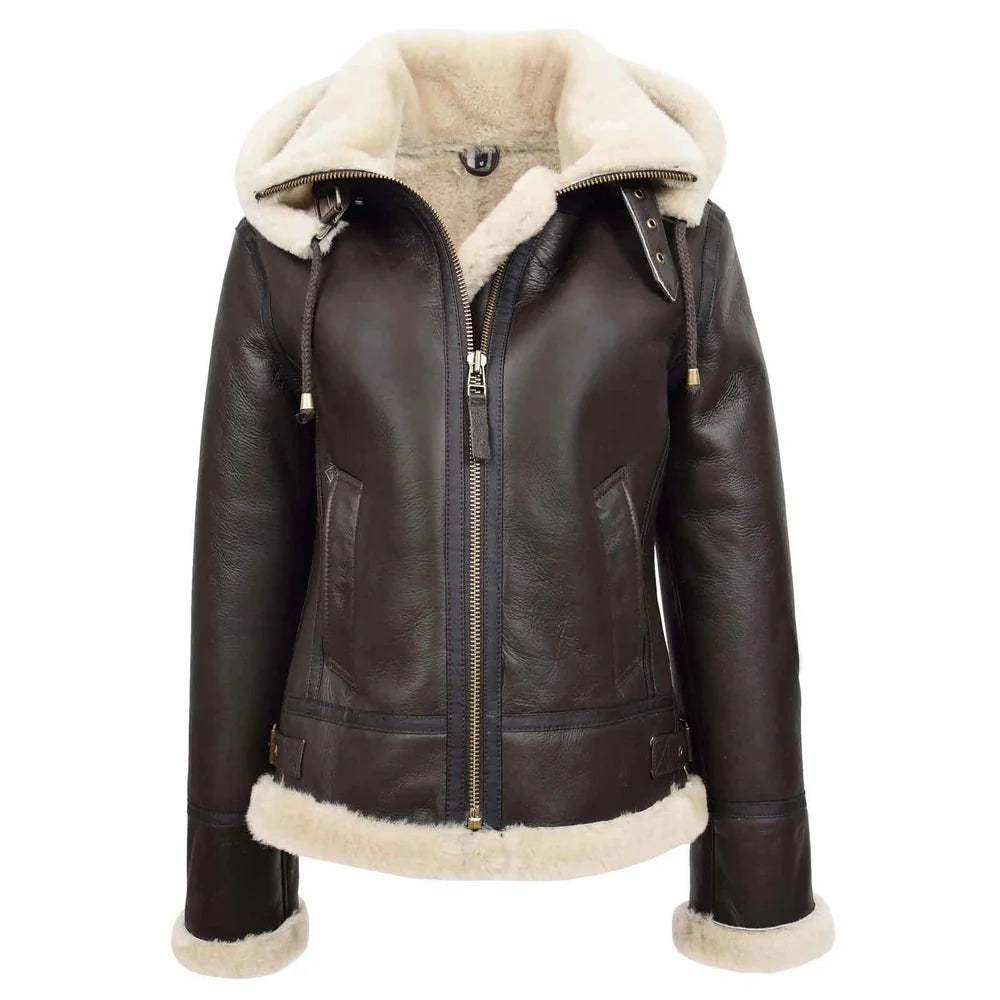Women’s Sheepskin B3 Jacket Brown White Removable Hood