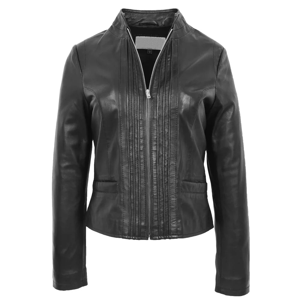 Women’s Black Leather Casual Jacket with Standing Collar