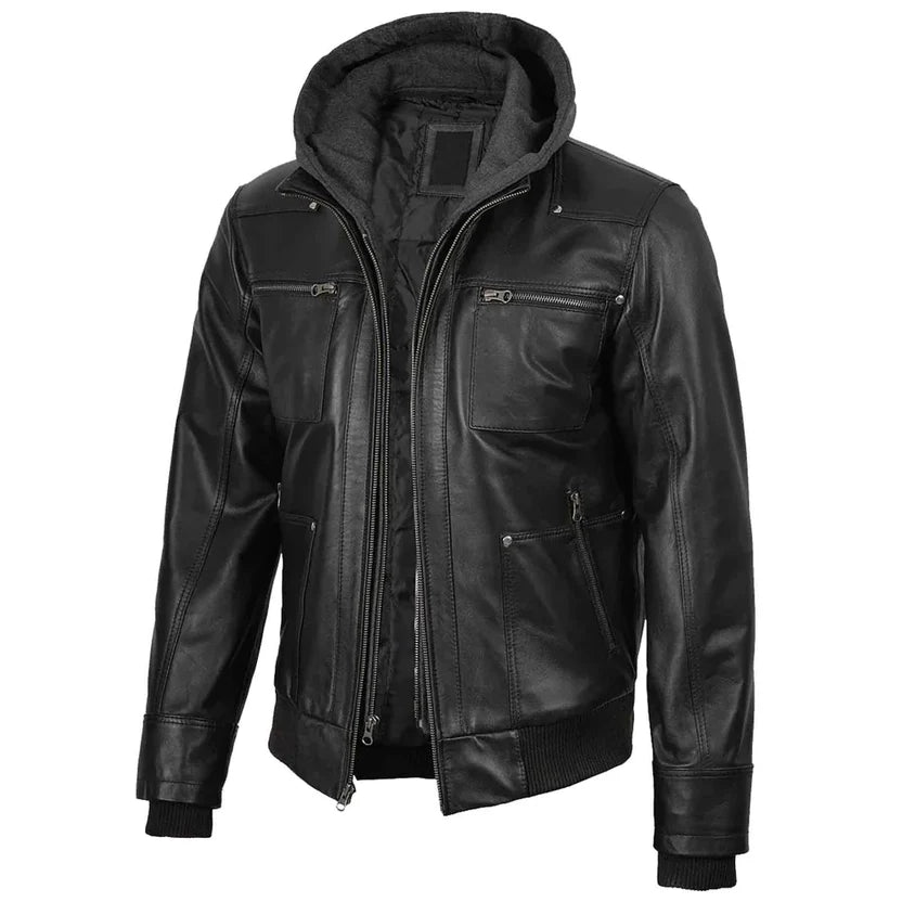 Men's Black Genuine Leather Hooded Bomber Jacket 4 Zip Pockets