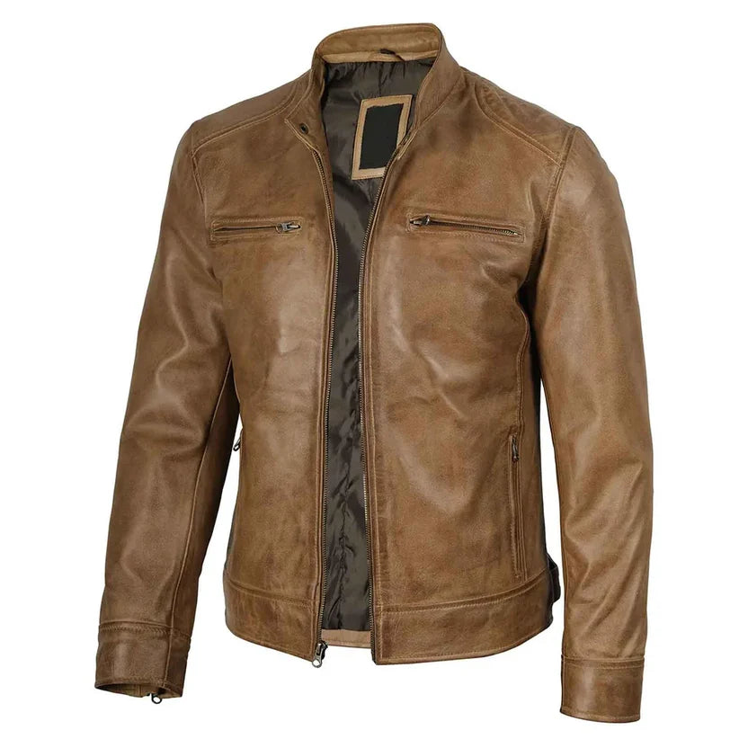 cafe racer leather jacket with zip chest pockets