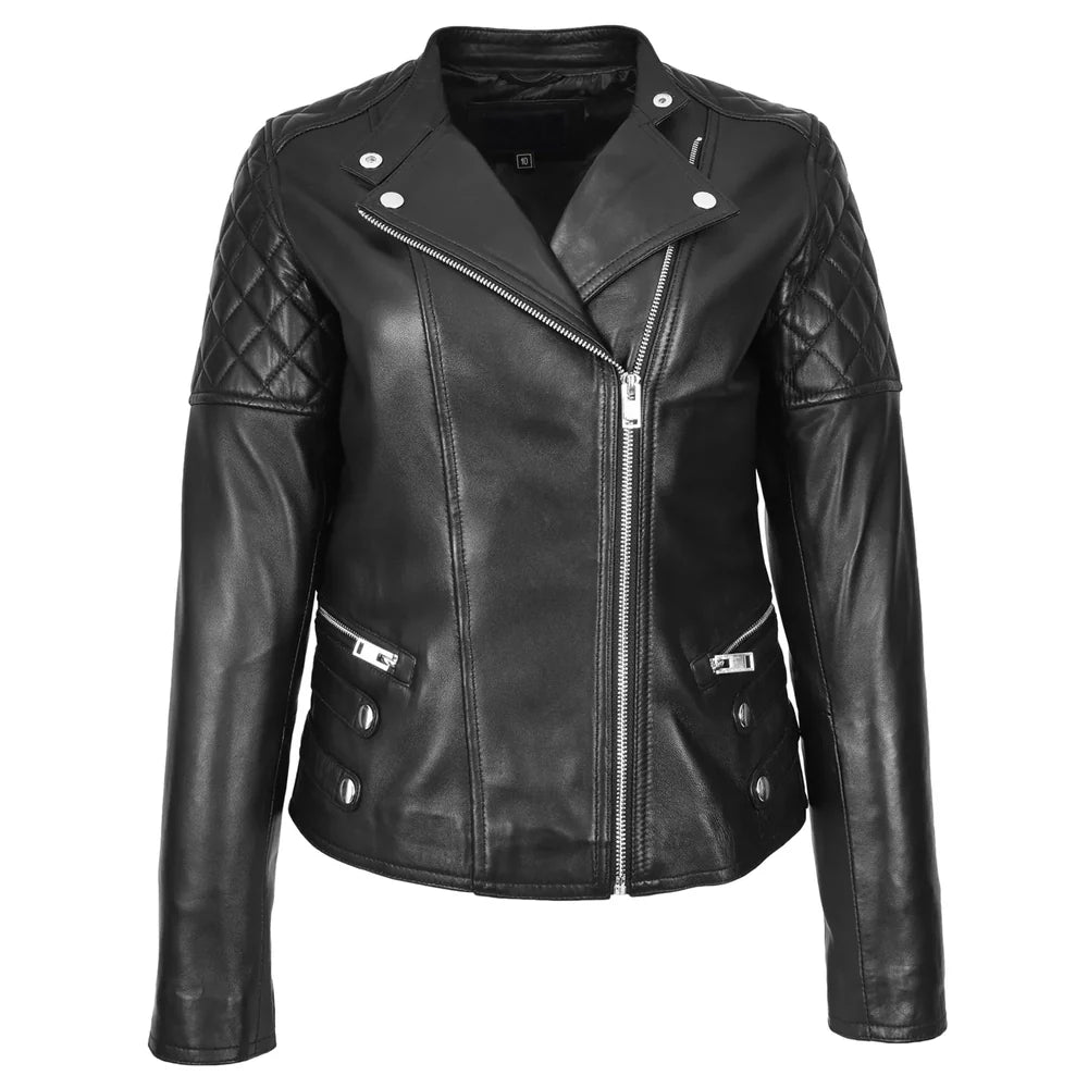 Women's Real Leather Biker Jacket Classic Cross Zip Style