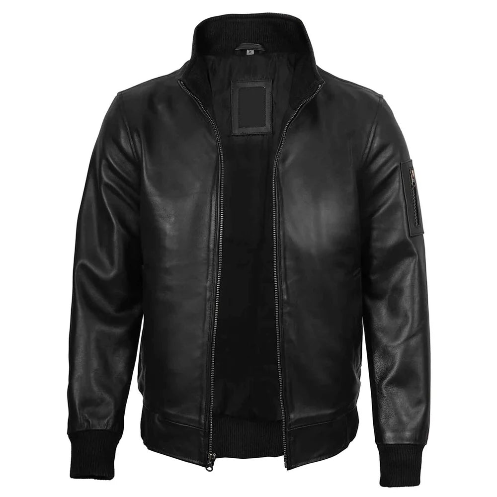 Men's Black Real Cowhide Leather Bomber Jacket