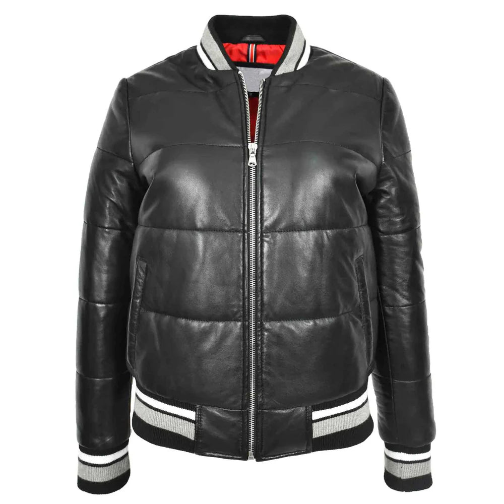 Premium Durability Women's Real Leather Puffer Bomber Jacket