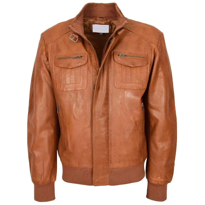 Men's Tan Genuine Leather Flight Jacket with 4 Pockets
