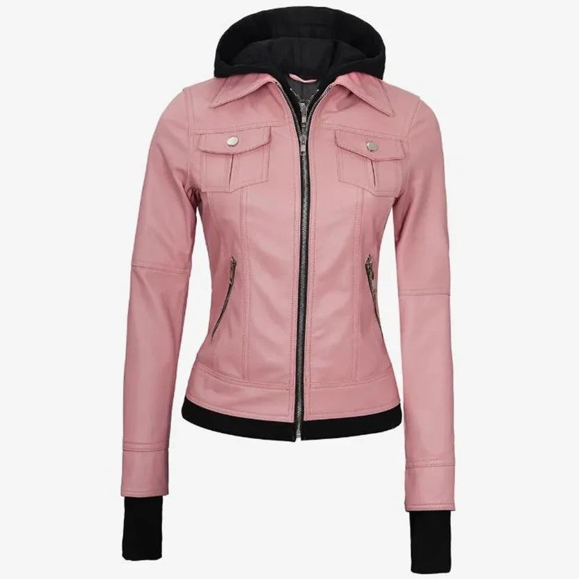 Women's Dusty Pink Hooded Cargo Leather Jacket