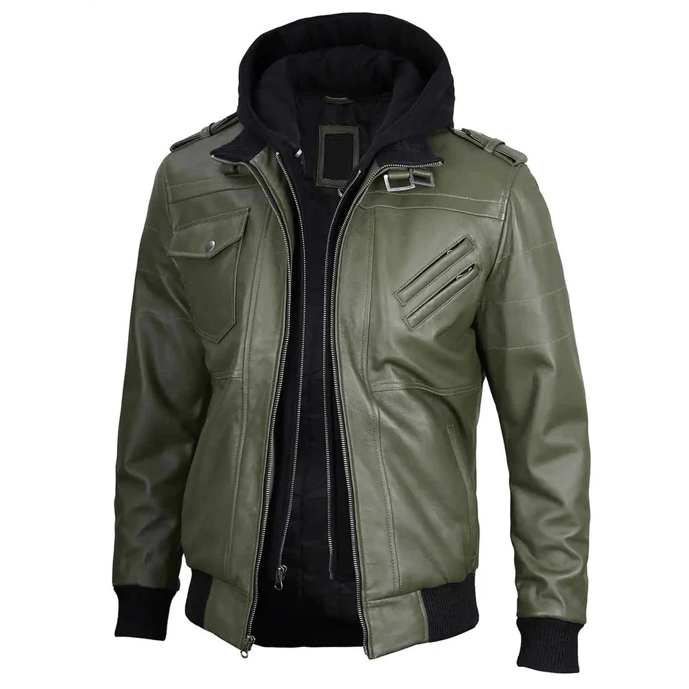 Men's Military Green Leather Jacket with Removable Hood