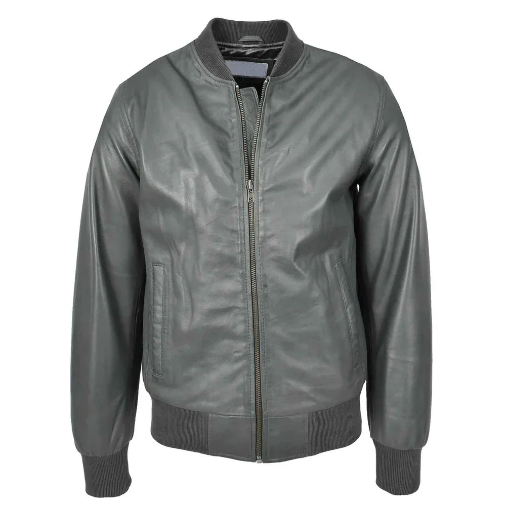 Men's Grey Genuine Leather Bomber Jacket