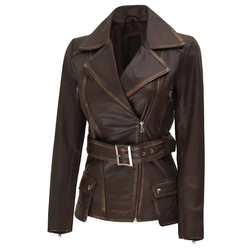Women's Brown Genuine Leather Belted Biker Jacket