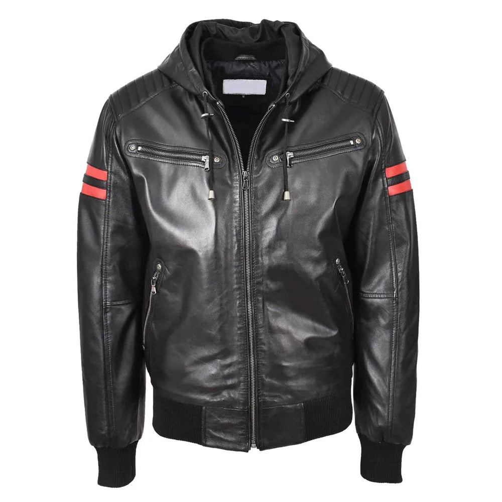 Leather Men's Genuine Lambskin Leather Hooded Bomber Jacket