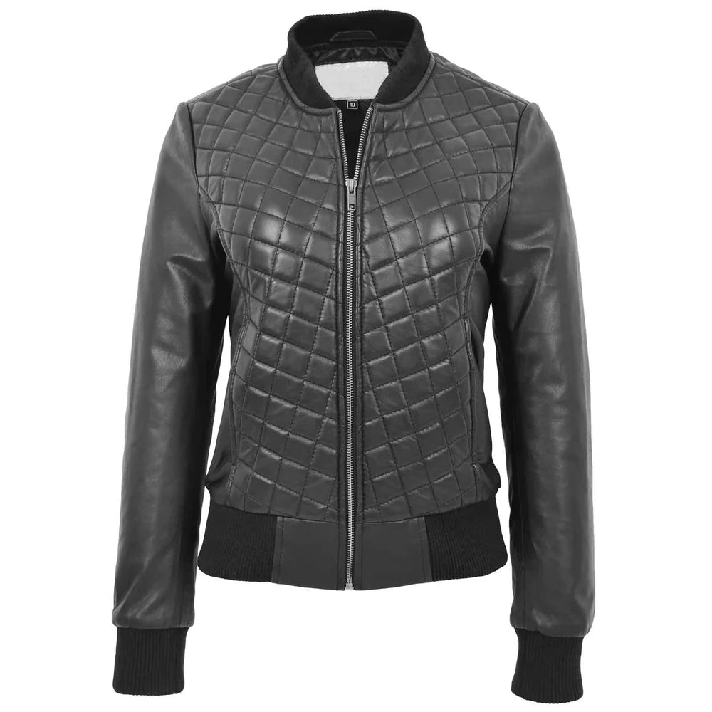 Women's Genuine Leather Quilted Bomber Jacket