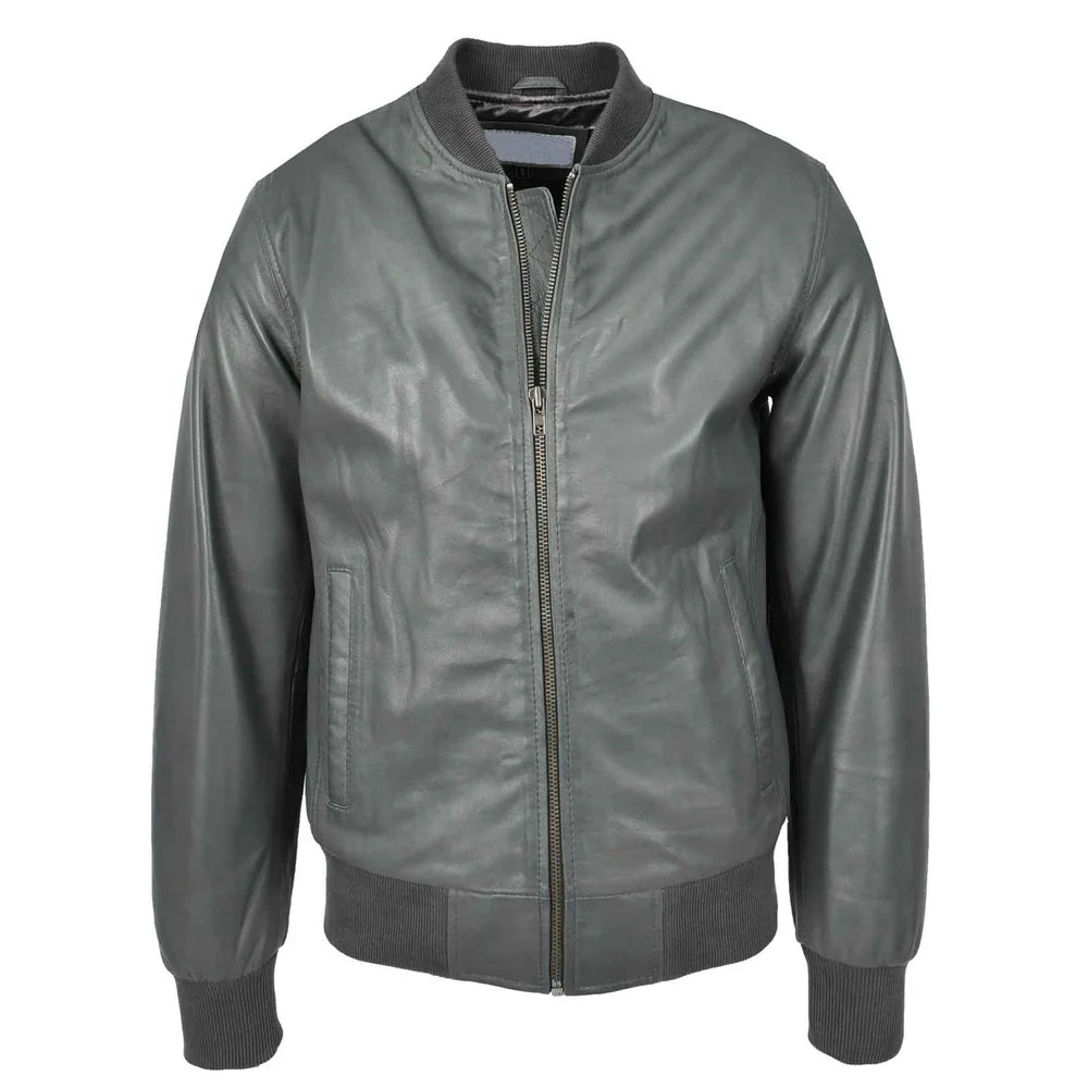 Men’s Grey Leather MA-1 Bomber Jacket