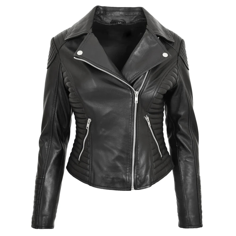 Women’s Real Leather Cross Zip Jacket