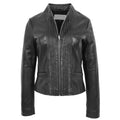 Women’s Black Leather Casual Jacket with Standing Collar