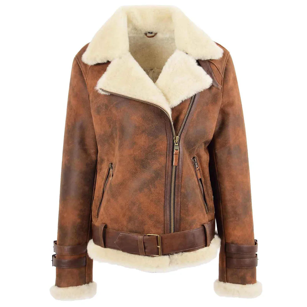Women's Vintage Brown Sheepskin Aviator Jacket