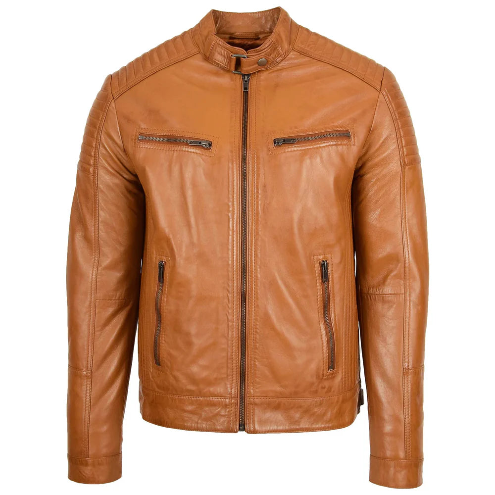 Men's Leather Cafe Racer Biker Jacket Ron Tan