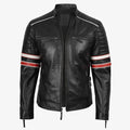 Men’s Black Cafe Racer Leather Jacket with Dual Stripes