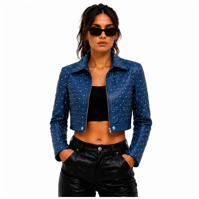 Women's Royal Blue Studded Crop Leather Jacket